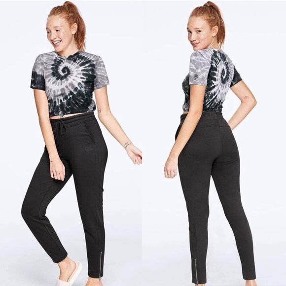 NWT Victoria’s Secret PINK Terry Black Ankle Zip Track Pant Jogger Size XL - Picture 2 of 9